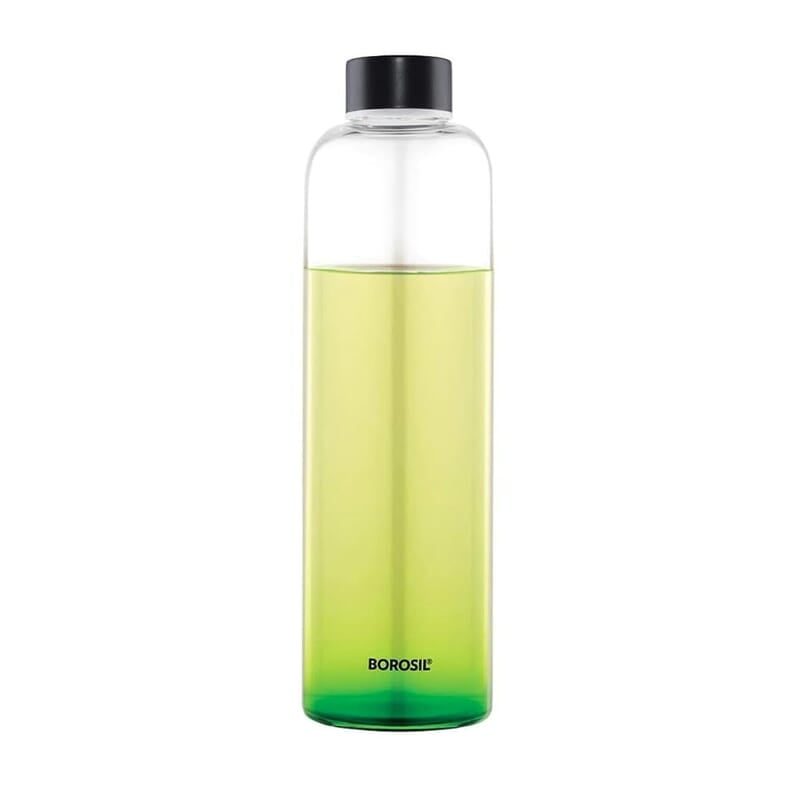 Borosil Crysto Slim Glass Water Bottle, Water Bottle for Fridge, Borosilicate Glass, Extreme Temperature Resistant, For Hot & Cold Water, Milk, Lassi, Juice, Black Lid, 1 L, Stylish & Transparent