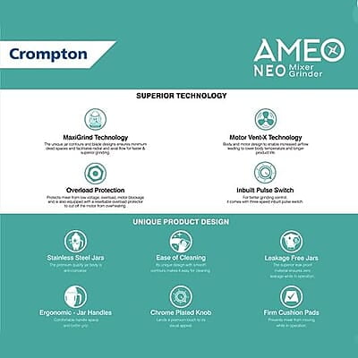 Crompton Ameo Neo 750 Watt Mixer Grinder with MaxiGrind and Motor Vent-X Technology Crompton Ameo Neo 750 Watt Mixer Grinder with MaxiGrind and Motor Vent-X Technology