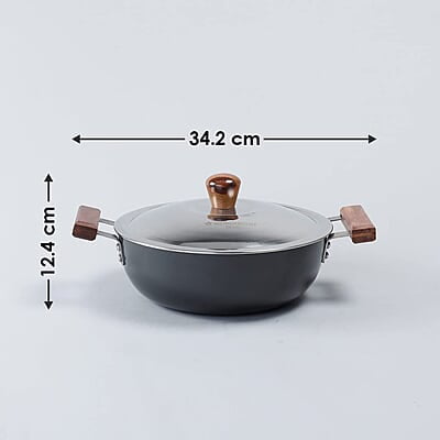 Wonderchef Ebony Aluminium Hard Anodized Deep Kadhai/Kadai with Lid - 24 cm, 3 Litre
