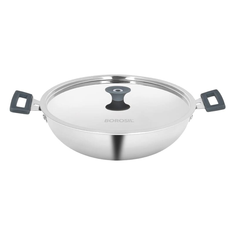 Borosil Cookfresh Tri-ply Stainless Steel Kadhai with Lid, Induction Friendly, 2.5 L, 24 cm Dia Borosil Cookfresh Tri-ply Stainless Steel Kadhai with Lid, Induction Friendly, 2.5 L, 24 cm Dia