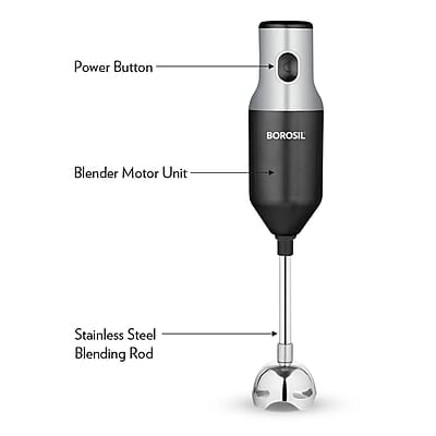Borosil Masterblend Hand Blender, Electric Hand Blender, Single Speed Option, Stainless Steel Blades, For Whisking, Blending & Whipping, 250 W, Black Borosil Masterblend Hand Blender, Electric Hand Blender, Single Speed Option, Stainless Steel Blades, For Whisking, Blending & Whipping, 250 W, Black