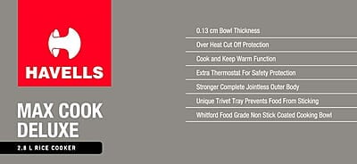 Havells Max Cook Dlx Cl 2.8 Ltr Rice Cooker, 2.8 Liter, Light Green Havells Max Cook Dlx Cl 2.8 Ltr Rice Cooker, 2.8 Liter, Light Green
