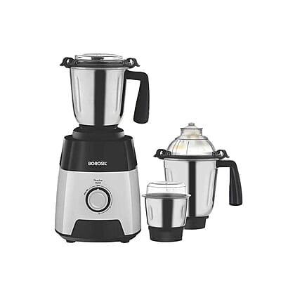 Borosil Silverline Mixer Grinder For Wet/Dry Mixing & Grinding | 750 Watts | 3 Steel Jars (400 ml Chutney Jar, 1.5 L Blending Jar, 1.2 L Dry/Wet Grinding Jar) | Mixie For Kitchen | 2 Years Warranty
