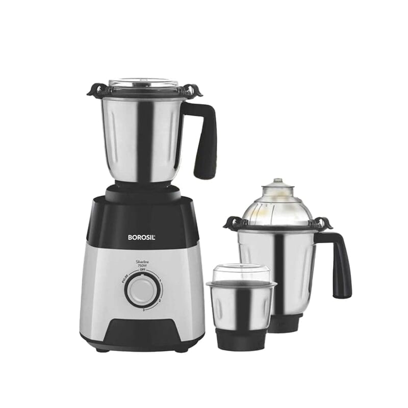 Borosil Silverline Mixer Grinder For Wet/Dry Mixing & Grinding | 750 Watts | 3 Steel Jars (400 ml Chutney Jar, 1.5 L Blending Jar, 1.2 L Dry/Wet Grinding Jar) | Mixie For Kitchen | 2 Years Warranty Borosil Silverline Mixer Grinder For Wet/Dry Mixing & Grinding | 750 Watts | 3 Steel Jars (400 ml Chutney Jar, 1.5 L Blending Jar, 1.2 L Dry/Wet Grinding Jar) | Mixie For Kitchen | 2 Years Warranty