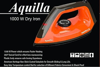 Havells Dry Iron Aquilla 1000W Iron Press German Technology Non Sick Coated Sole Plate
