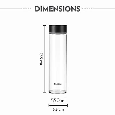Borosil Neo Glass Water Bottle with Black Stainless Steel Lid | 550ml, Borosilicate Glass, Extreme Temperature Resistant, For Hot & Cold | Bottle for Water, Milk, Lassi, Juice | Transparent (2 pc Set) Borosil Neo Glass Water Bottle with Black Stainless Steel Lid | 550ml, Borosilicate Glass, Extreme Temperature Resistant, For Hot & Cold | Bottle for Water, Milk, Lassi, Juice | Transparent (2 pc Set)