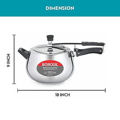 Borosil Pronto Induction Base Inner Lid Stainless Steel Pressure Cooker, 6.8 mm Thick Base, 6.5 L Borosil Pronto Induction Base Inner Lid Stainless Steel Pressure Cooker, 6.8 mm Thick Base, 6.5 L