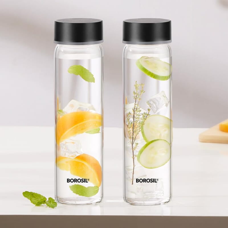 Borosil Neo Glass Water Bottle with Black Stainless Steel Lid | 550ml, Borosilicate Glass, Extreme Temperature Resistant, For Hot & Cold | Bottle for Water, Milk, Lassi, Juice | Transparent (2 pc Set) Borosil Neo Glass Water Bottle with Black Stainless Steel Lid | 550ml, Borosilicate Glass, Extreme Temperature Resistant, For Hot & Cold | Bottle for Water, Milk, Lassi, Juice | Transparent (2 pc Set)