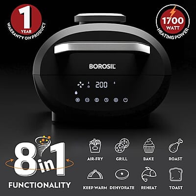 Borosil Bestdigi Air-Fryer, Top Load Air Fryer, Large Capacity, 8 Pre-Set Menus, 8 In 1 Functionality, 6.1 L, 1700 Watt, 6.1 liter, Black