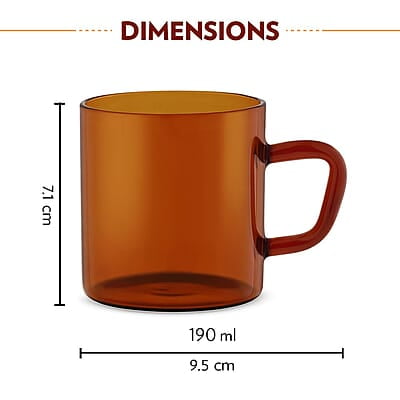 Borosil Classic Amber Mug, Borosilicate Glass, Scratch Resistant, Microwave Safe, Lightweight, for Chai, Green Tea, Milk, Coffee, Cold Coffee, 190 ml, Set of 6