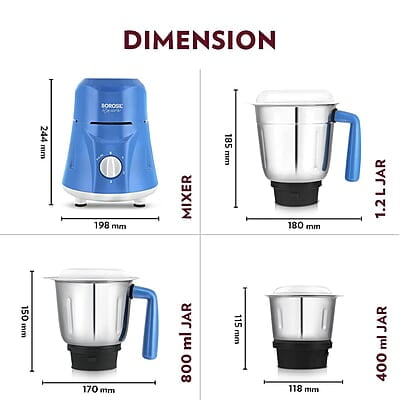 Borosil Star Mixer Grinder, For Wet/Dry Mixing & Grinding, 500 Watts, 3 Jars (400 ml Chutney Jar, 1.2 L Multipurpose Jar, 0.8 L Dry/Wet Grinding Jar), Mixie For Kitchen, Blue Borosil Star Mixer Grinder, For Wet/Dry Mixing & Grinding, 500 Watts, 3 Jars (400 ml Chutney Jar, 1.2 L Multipurpose Jar, 0.8 L Dry/Wet Grinding Jar), Mixie For Kitchen, Blue