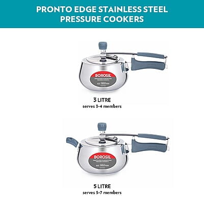 Borosil Pronto Edge Induction Base Inner Lid Stainless Steel Pressure Cooker, 5 L Borosil Pronto Edge Induction Base Inner Lid Stainless Steel Pressure Cooker, 5 L