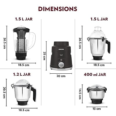Borosil Grande 1000 W Mixer Grinder, With Double Ball Bearings, 4 Jars (3 SS Jars (1.5 L Blending Jar, 1.2 L Dry/Wet Grinder, 400 ml Chutney Jar) & 1 PC Jar with Fruit Filter) Mixie For Kitchen Borosil Grande 1000 W Mixer Grinder, With Double Ball Bearings, 4 Jars (3 SS Jars (1.5 L Blending Jar, 1.2 L Dry/Wet Grinder, 400 ml Chutney Jar) & 1 PC Jar with Fruit Filter) Mixie For Kitchen