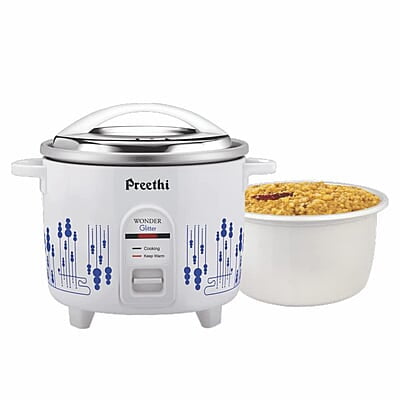 Preethi Glitter Electric Cooker, 2.2 Liters with Double Pan – White & Blue