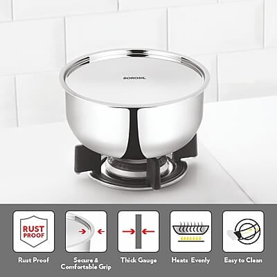 Borosil Triply Stainless Steel 4.6 L (24 Cm) Tope with Lid | Gas, Induction, Hot Plate, Halogen Compatible Borosil Triply Stainless Steel 4.6 L (24 Cm) Tope with Lid | Gas, Induction, Hot Plate, Halogen Compatible