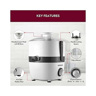 Borosil Primus III Juicer, 500 W, Stainless Steel Centrifugal Juicer, 1.1 L Juice Jug, 64 mm Feed Chute Borosil Primus III Juicer, 500 W, Stainless Steel Centrifugal Juicer, 1.1 L Juice Jug, 64 mm Feed Chute
