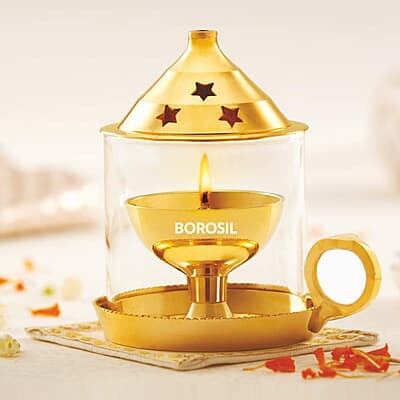Borosil Medium Size Mangal Diya Decorative Brass Glass Oil Lamp |
