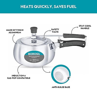 Borosil Pronto Induction Base Inner Lid Aluminium Pressure Cooker, 3.6 mm Thick Base, 3 L - Silver