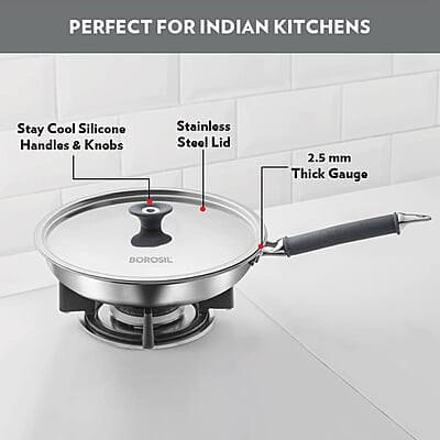 Borosil Cookfresh Tri-ply Stainless Fry Pan with Lid, Induction Friendly, 1.9 L, 24 cm Dia Borosil Cookfresh Tri-ply Stainless Fry Pan with Lid, Induction Friendly, 1.9 L, 24 cm Dia