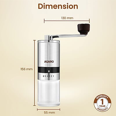 AGARO Elite Manual Coffee Grinder, Ceramic Grinder with Glass jar, 6 Adjustable Settings, Stainless Steel Body AGARO Elite Manual Coffee Grinder, Ceramic Grinder with Glass jar, 6 Adjustable Settings, Stainless Steel Body