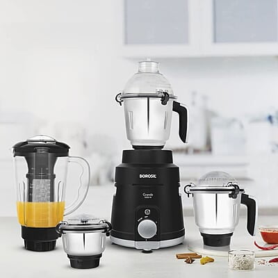 Borosil Grande 1000 W Mixer Grinder, With Double Ball Bearings, 4 Jars (3 SS Jars (1.5 L Blending Jar, 1.2 L Dry/Wet Grinder, 400 ml Chutney Jar) & 1 PC Jar with Fruit Filter) Mixie For Kitchen