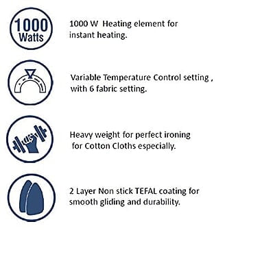 Crompton Greaves Rhino 1000-Watt Heavy weight Dry Iron with Non Stick Teflon Coating