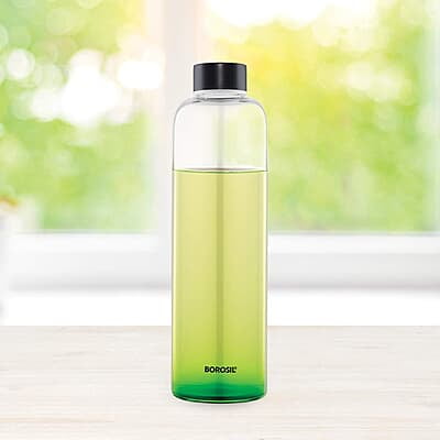 Borosil Crysto Slim Glass Water Bottle, Water Bottle for Fridge, Borosilicate Glass, Extreme Temperature Resistant, For Hot & Cold Water, Milk, Lassi, Juice, Black Lid, 1 L, Stylish & Transparent