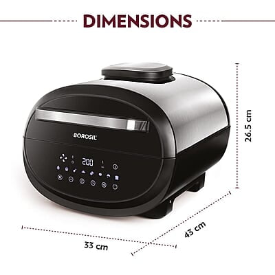 Borosil Bestdigi Air-Fryer, Top Load Air Fryer, Large Capacity, 8 Pre-Set Menus, 8 In 1 Functionality, 6.1 L, 1700 Watt, 6.1 liter, Black