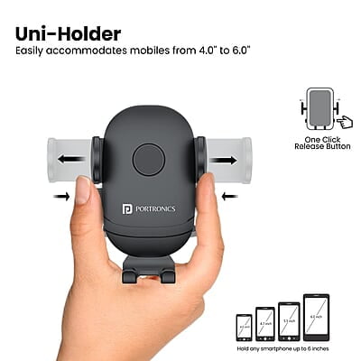 Portronics Clamp M2 Adjustable Car Mobile Phone Holder Stand for Dashboard & Windshield, 360° Rotational, Strong Suction Cup, Compatible with 4 to 6 inch Devices