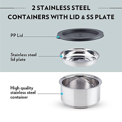 Borosil Carry Fresh Prime Stainless Steel Luncboxes with Carry Bag, Set of 3 (280 ml x 2, 180 ml x 1)