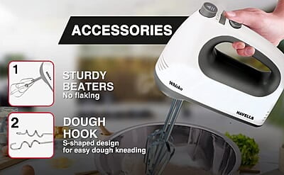 Havells Whisko 300 watt Hand Mixer with Single Eject Button, 5 Speed Turbo Function, Stainless Steel Hooks Havells Whisko 300 watt Hand Mixer with Single Eject Button, 5 Speed Turbo Function, Stainless Steel Hooks
