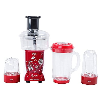 Wonderchef Nutri-blend BOLT Food Processor & Atta Kneader 600W 22000 RPM 4 unbreakable jars with Sipper lid Red Wonderchef Nutri-blend BOLT Food Processor & Atta Kneader 600W 22000 RPM 4 unbreakable jars with Sipper lid Red