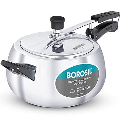 Borosil Pronto Induction Base Inner Lid Aluminium Pressure Cooker, 3.6 mm Thick Base, 5 L, Silver