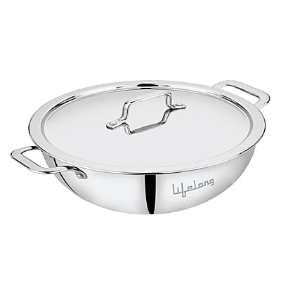 Lifelong Triply Stainless Steel Kadai with Stainless Steel Lid 1.8 L Capacity 22 cm