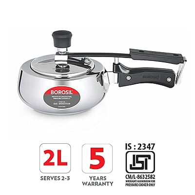 Borosil Pronto Induction Base Inner Lid Stainless Steel Pressure Cooker, 6.8 mm Thick Base, 2 L Borosil Pronto Induction Base Inner Lid Stainless Steel Pressure Cooker, 6.8 mm Thick Base, 2 L