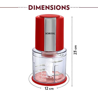 Borosil Chef Delite 300 Watts Electric Chopper for Kitchen, Twin Blade Technology, 600 ml 'chop-n-store' plastic bowl with lid, Vegetable Chopper, Cutter, Chop, Mince, Dice, Whisk, Blend, Red Borosil Chef Delite 300 Watts Electric Chopper for Kitchen, Twin Blade Technology, 600 ml 'chop-n-store' plastic bowl with lid, Vegetable Chopper, Cutter, Chop, Mince, Dice, Whisk, Blend, Red