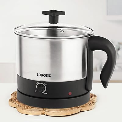 Borosil 1 L 600W Stainless Steel Omni Electric Kettle with Egg and Momo Tray | Water Heater Jug | Auto Cut-off, Overheat & Dry Boil Protection | Multipurpose Kettle | 1 Year Warranty