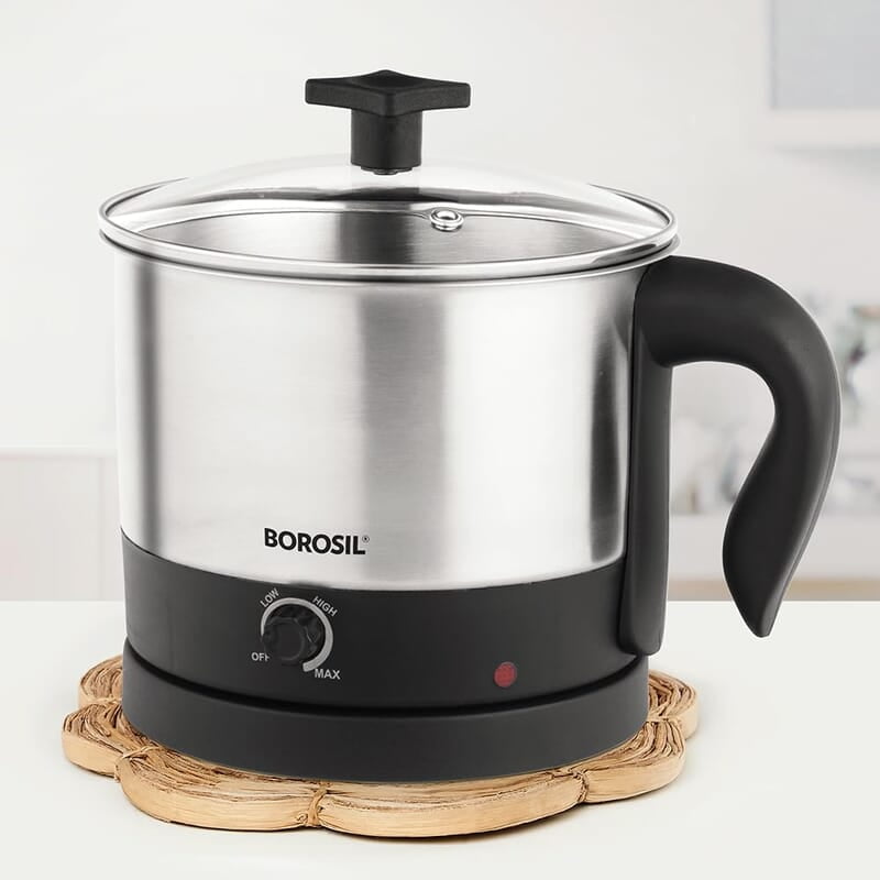 Borosil 1 L 600W Stainless Steel Omni Electric Kettle with Egg and Momo Tray | Water Heater Jug | Auto Cut-off, Overheat & Dry Boil Protection | Multipurpose Kettle | 1 Year Warranty