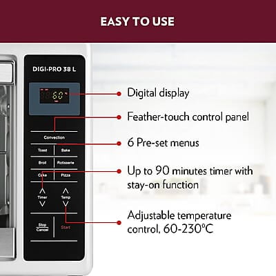 Borosil DigiPro 38 L Digital Oven Toaster & Grill, Convection Mode, 6 Pre-set Menus, Temperature Control, Chrome Borosil DigiPro 38 L Digital Oven Toaster & Grill, Convection Mode, 6 Pre-set Menus, Temperature Control, Chrome