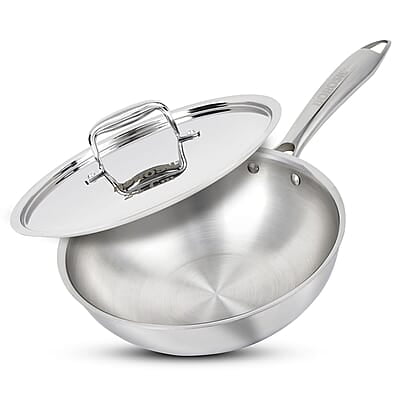 Borosil Cookfresh 2.85 L Tri-ply Stainless Steel Wok with Lid | 24 Cm Kadhai for Deep Fry