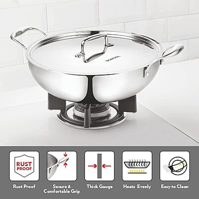 Borosil Cookfresh Triply Stainless Steel 3.6 L (26 Cm) Kadhai with Steel Handle| SS304 Food Grade Steel Borosil Cookfresh Triply Stainless Steel 3.6 L (26 Cm) Kadhai with Steel Handle| SS304 Food Grade Steel
