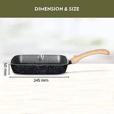 Borosil Vajra Die-Cast Non-Stick Aluminium Square Grill Fry Pan, Frying Pan with Ridges, Black with Wood-Finish Handles, 240 mm Wide, 5 mm Thick