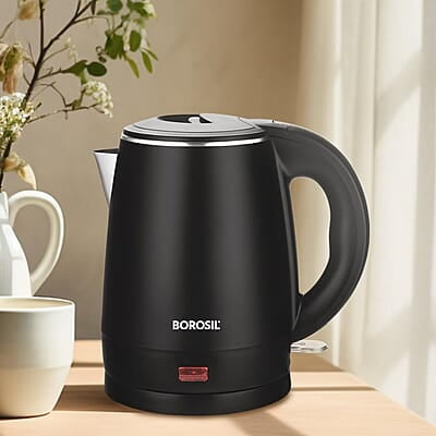 Borosil 1.2L 1350W Cooltouch Multipurpose Electric Kettle | Auto Shut off | Wide Mouth | 304 Food Grade Stainless Steel with Double Wall Cooltouch Exterior | 2 year Warranty | Black Borosil 1.2L 1350W Cooltouch Multipurpose Electric Kettle | Auto Shut off | Wide Mouth | 304 Food Grade Stainless Steel with Double Wall Cooltouch Exterior | 2 year Warranty | Black