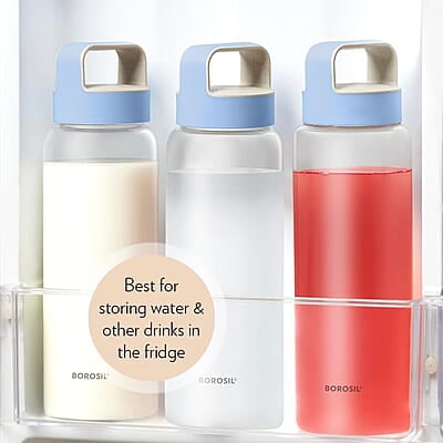 Borosil Crysto Wide Mouth Glass Water Bottle with Blue Lid | 750ml, Borosilicate Glass, Leakproof, Easy to Carry, Fridge & Dishwasher Safe | Can Use For, Lassi, Juice, Smoothies Borosil Crysto Wide Mouth Glass Water Bottle with Blue Lid | 750ml, Borosilicate Glass, Leakproof, Easy to Carry, Fridge & Dishwasher Safe | Can Use For, Lassi, Juice, Smoothies