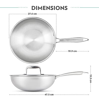 Borosil 3.5 L Cookfresh Tri-ply Stainless Steel Wok with Lid | 26 Cm Kadhai for Deep Fry Borosil 3.5 L Cookfresh Tri-ply Stainless Steel Wok with Lid | 26 Cm Kadhai for Deep Fry