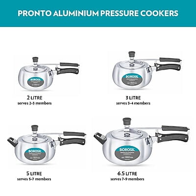 Borosil Pronto Induction Base Inner Lid Aluminium Pressure Cooker, 3.6 mm Thick Base, 6.5 L, Silver Borosil Pronto Induction Base Inner Lid Aluminium Pressure Cooker, 3.6 mm Thick Base, 6.5 L, Silver