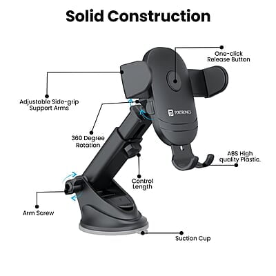 Portronics Clamp M2 Adjustable Car Mobile Phone Holder Stand for Dashboard & Windshield, 360° Rotational, Strong Suction Cup, Compatible with 4 to 6 inch Devices