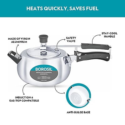 Borosil Pronto Induction Base Inner Lid Aluminium Pressure Cooker, 3.6 mm Thick Base, 6.5 L, Silver Borosil Pronto Induction Base Inner Lid Aluminium Pressure Cooker, 3.6 mm Thick Base, 6.5 L, Silver