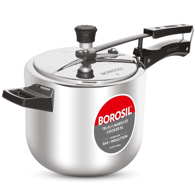 Borosil Triply Induction Base Inner Lid Stainless Steel Pressure Cooker, 5 L Borosil Triply Induction Base Inner Lid Stainless Steel Pressure Cooker, 5 L