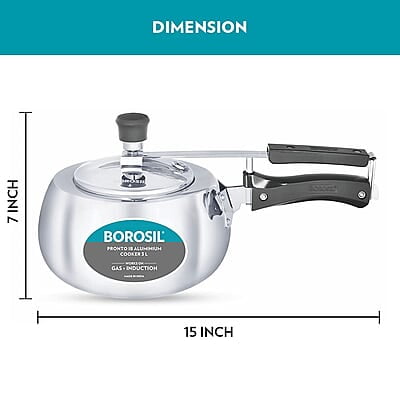 Borosil Pronto Induction Base Inner Lid Aluminium Pressure Cooker, 3.6 mm Thick Base, 3 L - Silver
